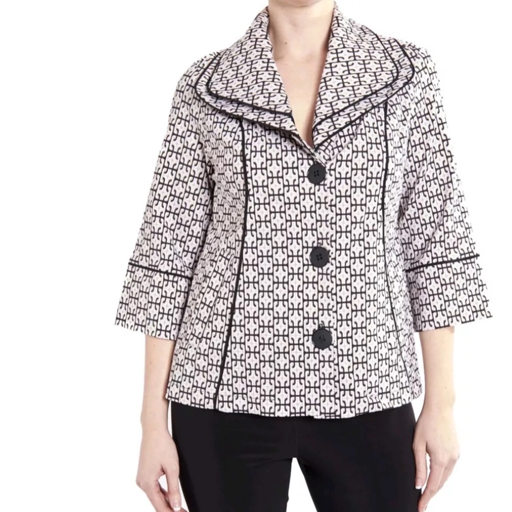 Joseph Ribkoff Blazer Print black White beige 3/4 sleeve 181789 Sz 8